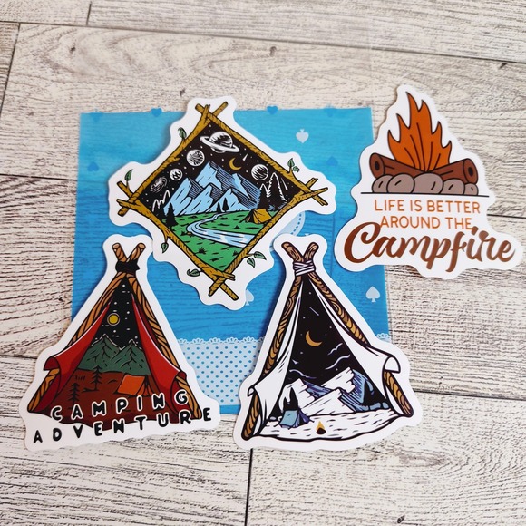 Camping‎ Stickers 4pcs Die Cut Nature Adventure Outdoorsy Theme Tee Pee Campfire - Picture 1 of 4